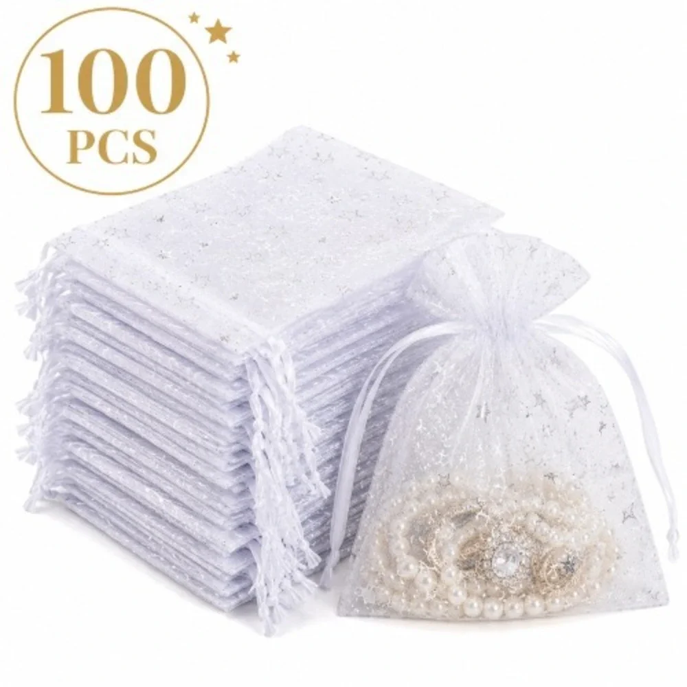 100 White Organza Star Drawstring Gift Bags 3.5